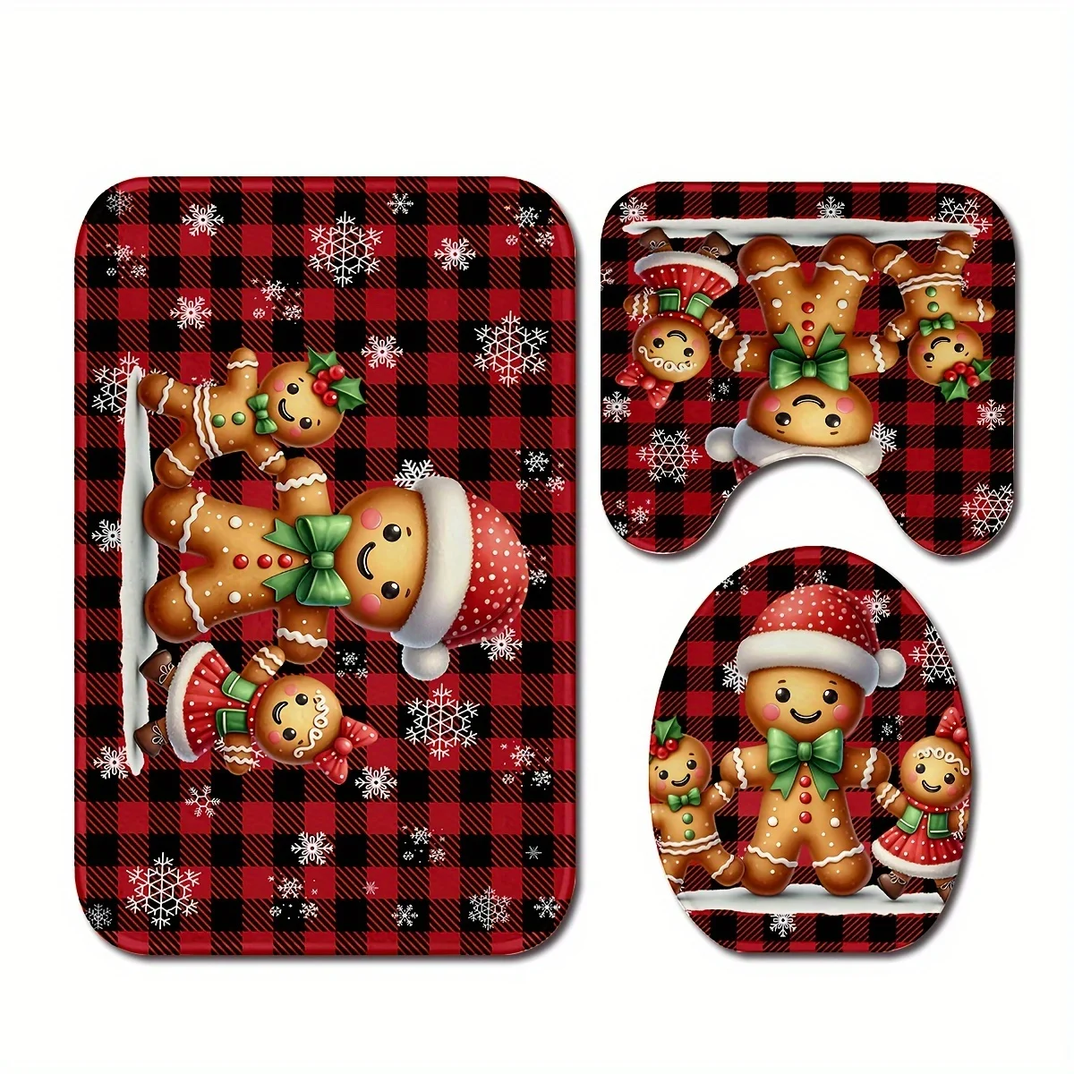 Festive Gingerbread Bathroom Set - Soft & Non-slip Contour Mat, Toilet Cover, and Bathtub Mat for Cozy Holiday Decor