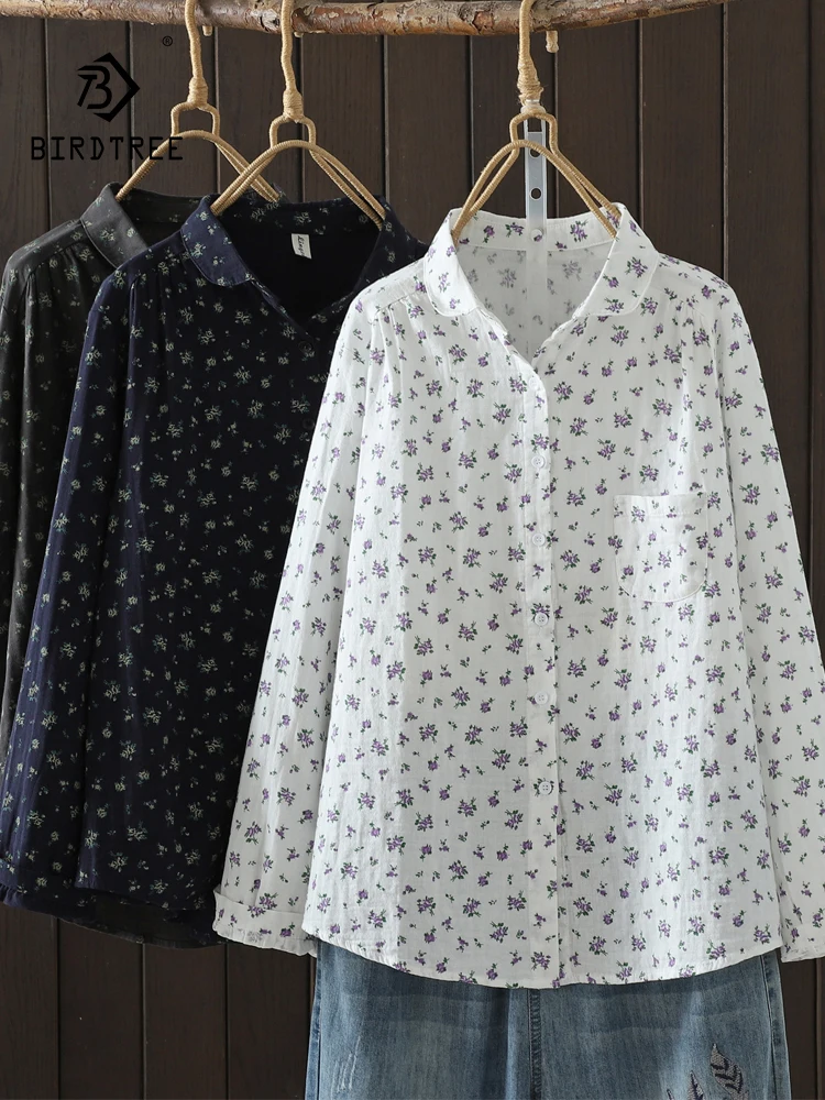 

New 2025 Autumn Cotton Long Sleeve Shirt, Women Turn-down Collar Printed, Mori Girl Fashion Commute Casual Loose Blouse T58649CC