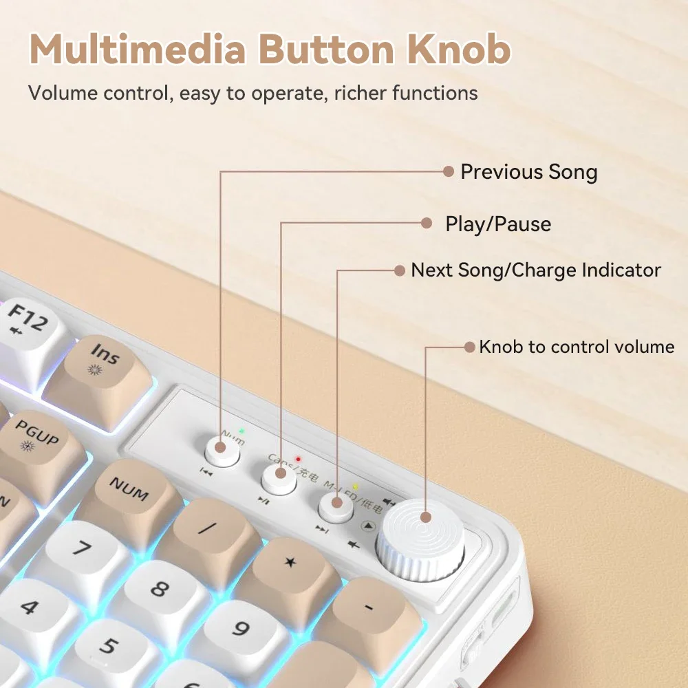 لوحة مفاتيح لاسلكية مع مقبض ومفاتيح الوسائط، 98 مفتاحًا، 3 أوضاع، BT، 2.4G، USB-C، قابلة لإعادة الشحن، غشاء RGB، Win، Mac، Office #2