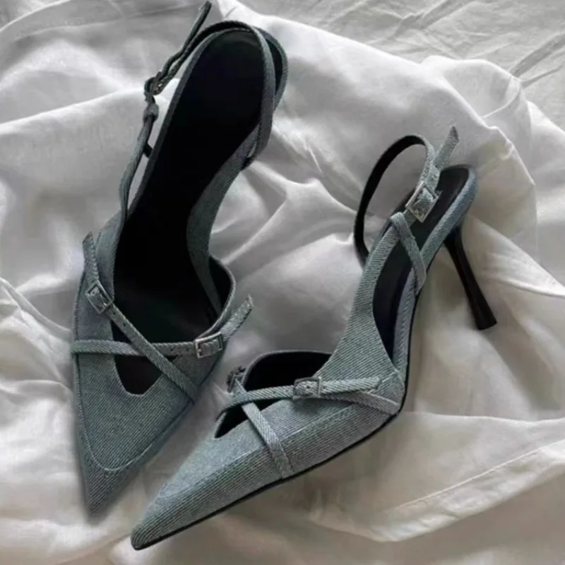Zapatos de tacón alto con punta puntiaguda para mujer, Sandalias de tacón con hebilla y correa cruzada, tela vaquera azul, 2024