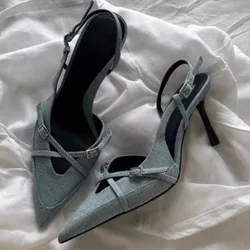 2024 Blue Denim Fabric Stilettos Slingbacks  Pointed Head High Heels Shoes for Women New Women Cross Strap Buckle Pumps Sandals