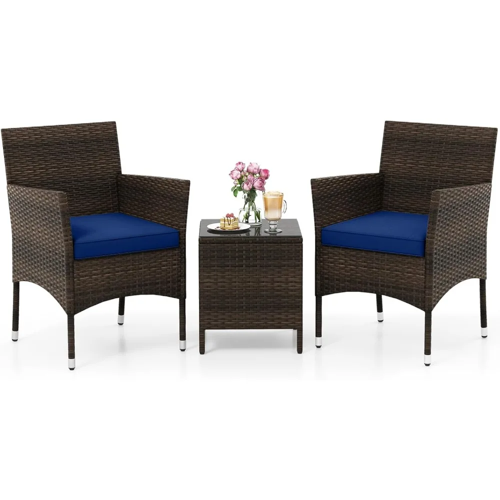 

3 Piece Patio Furniture Set, Outdoor Wicker Patio Chairs with Soft Cushions & Tempered Glass Top Table, PE Rattan Bistro Set fo