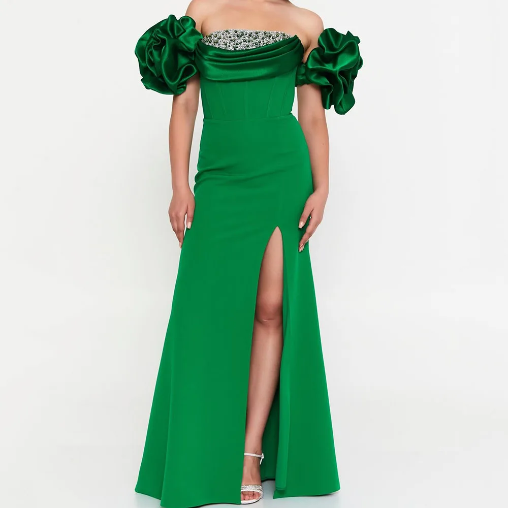 

Customized A-Line Prom Dresses Floor-Length Strapless Sleeveless Evening Gown Fashion Beading Side Split Backless Party Gown