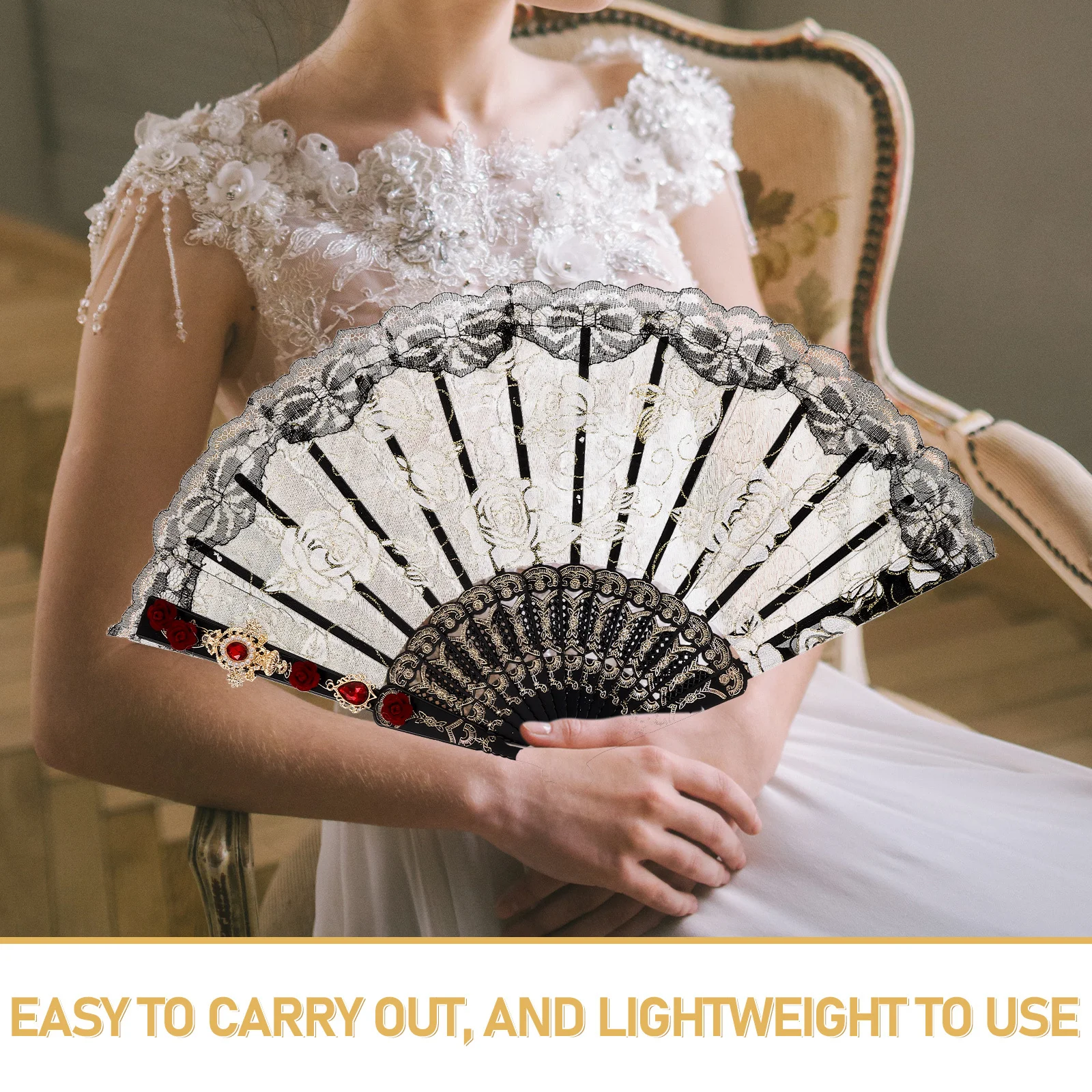 

Black Folding Fan Red Rhinestone Tassel Chinese Vintage Style Handheld Fan Decorative Wedding Prop Creative Photo Prop