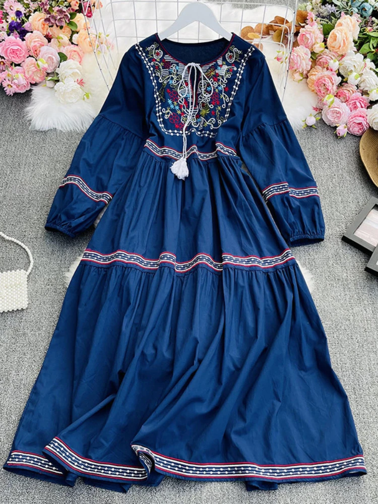 Vintage Dresses For Women Ethnic Embroidery O-neck Fringe Lace-up Puff Sleeve Fashion Medium And Long Female Boho  Dress