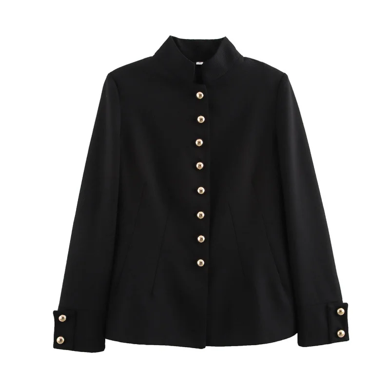 

2025Autumn New European and American Style Retro Button Decorated Navy Blue Stand Collar Blazer