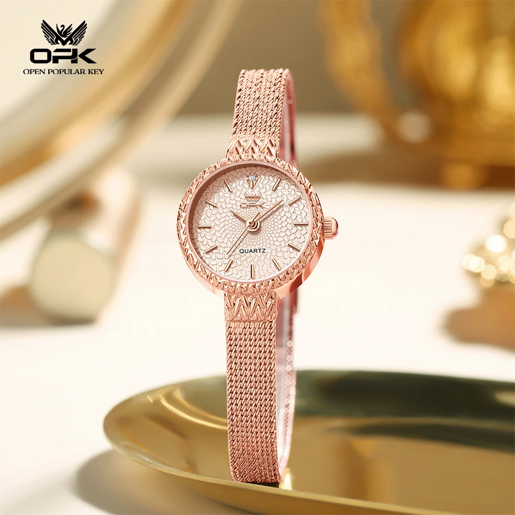 

OPK 6086 Elegance Women Original Quartz Movement Watch Mini Round Small Watch Embossed Aolly Mesh Belt 30m Waterproof Watch