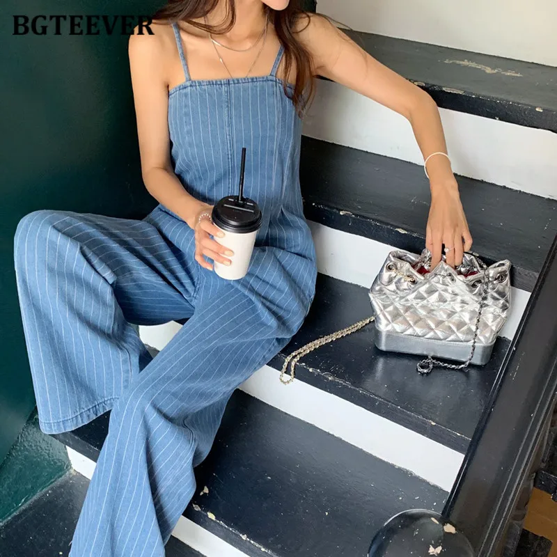 

BGTEEVER Summer Spaghetti Strap Jumpsuits for Women Sleeveless Female Striped Denim Playsuits