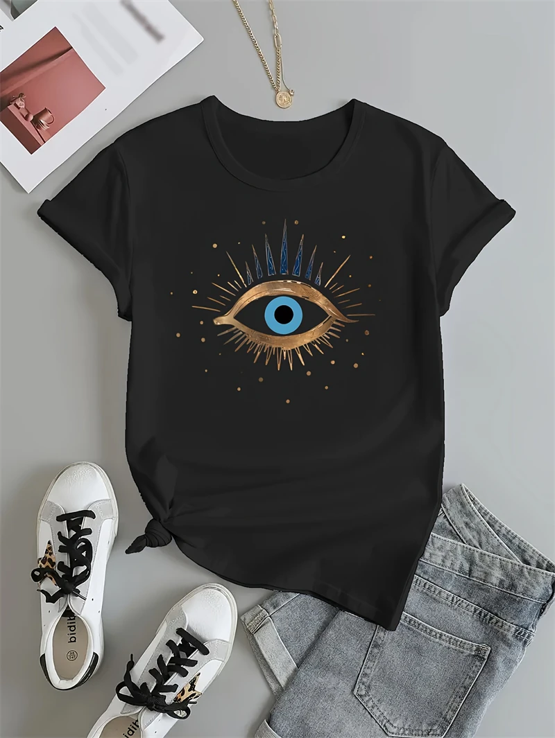 Women\'s Evil Eye Graphic Print T-shirt - Short Sleeve Crew Neck Casual Top for Summer & Spring