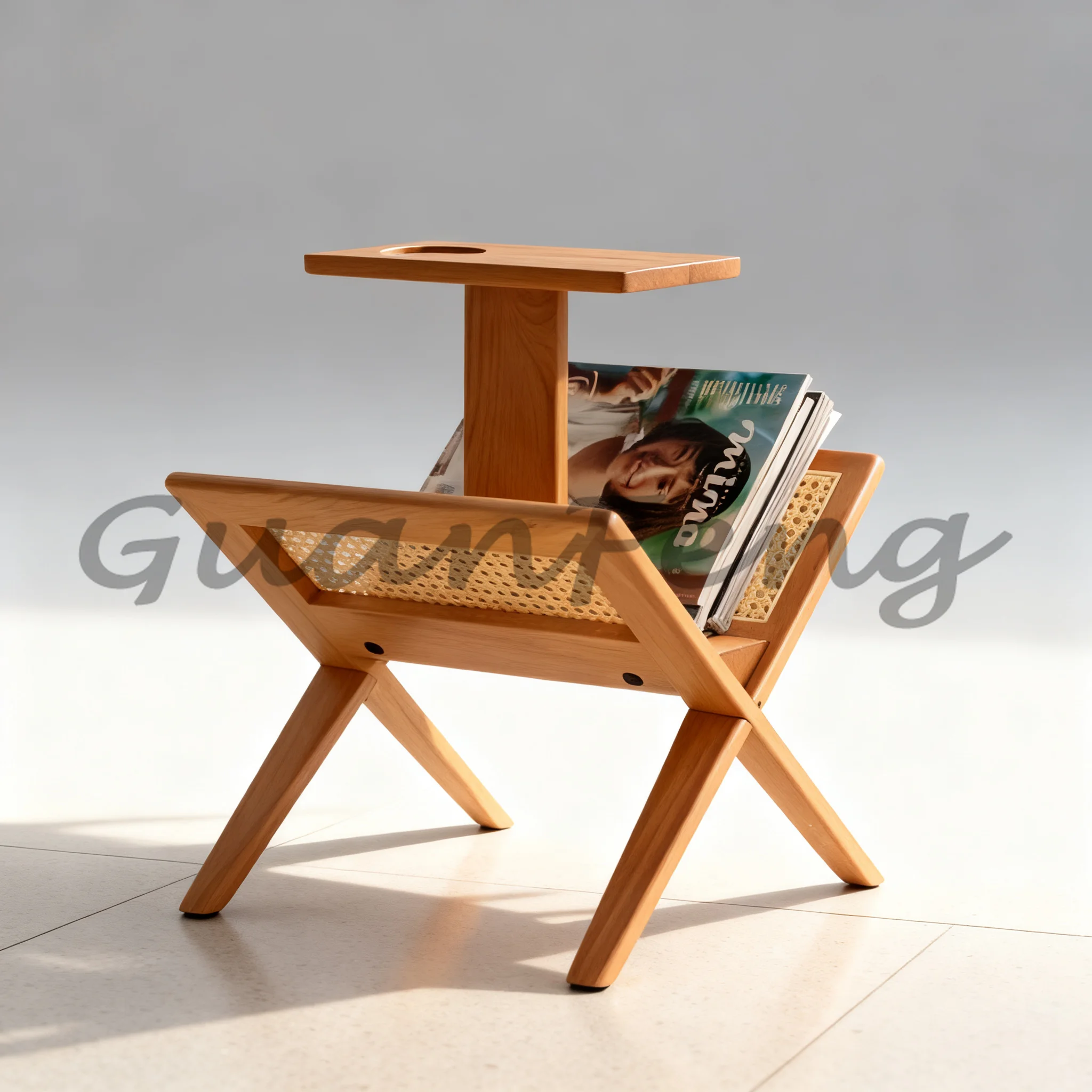 Home Decor Magazine - Stilvolles Massivholz-Rattan-Aufbewahrungsregal, minimalistischer Eck-Magazin- und Zeitungshalter