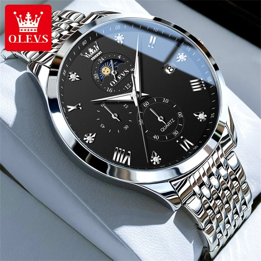 OLEVS Men's Watches Luxury Casual Top Brand Fine Steel Original Quartz Wristwatch for Man Waterproof Moon Phase Date Daily Dress