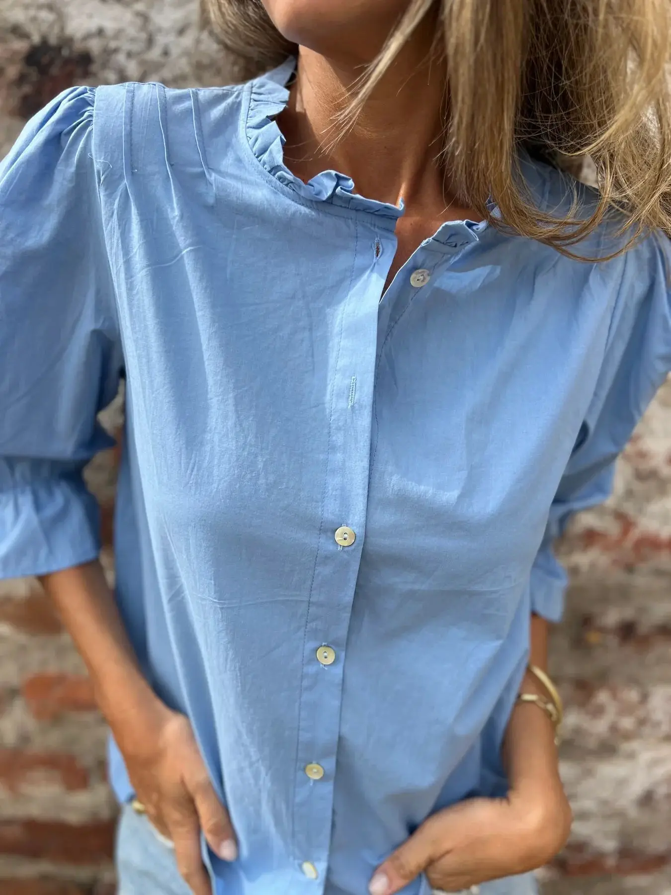 2025, sommer Blau Halbe Hülse Shirts Frauen Casual Solide Tasten frauen Tops Und Blusen Top Femme Shit