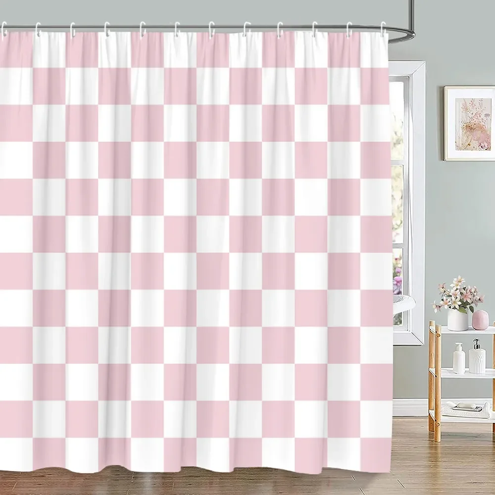 Pink Geometric Shower Curtain Minimalist Stripe Leopard Texture Creative Square Plaid Polyester Fabric Bathroom Decor Curtain
