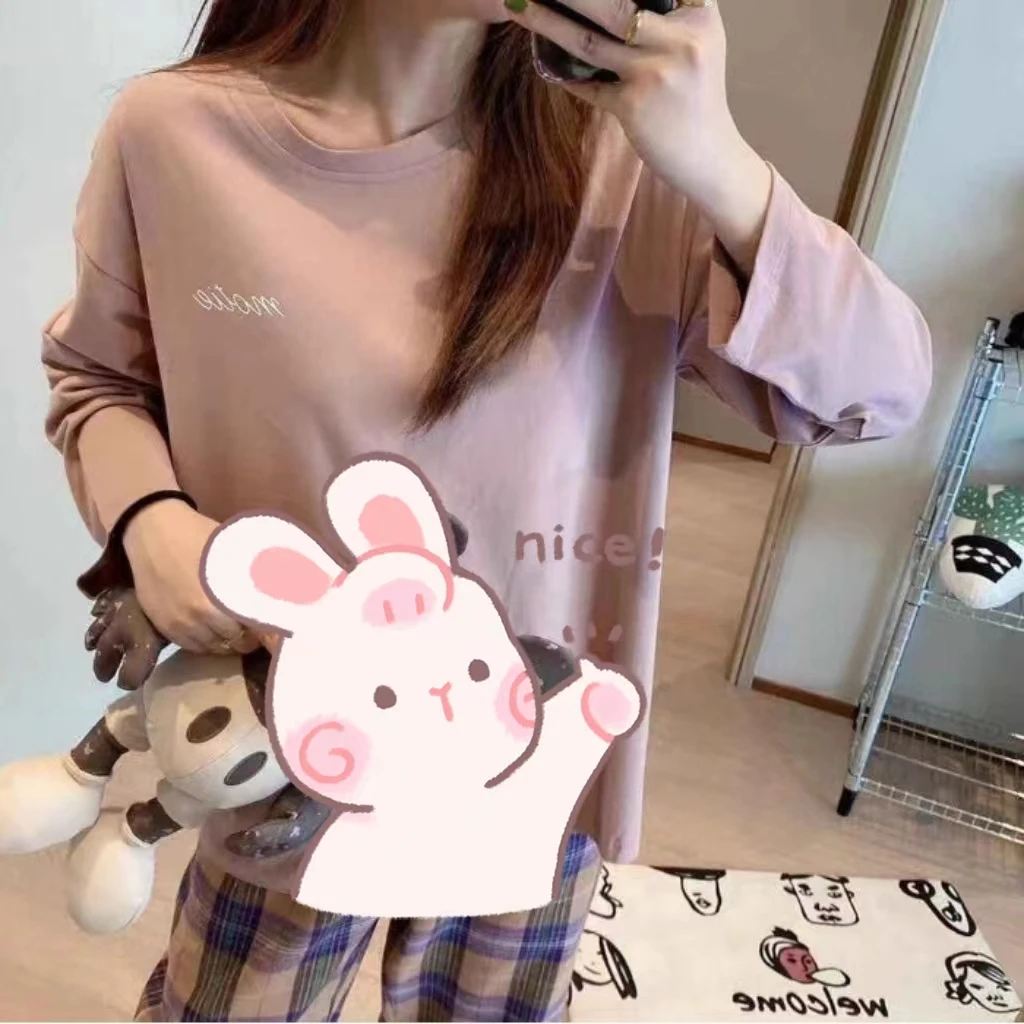 Spring and Autumn New Women\'s Pajamas Homewear Set Girls Pajamas Students Korean Ins Loose Long-Sleeved Pajamas Homewear Set