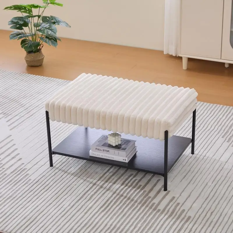 30.7" Wide Upholstered Ottoman Coffee Table with Black Metal Legs, Footstool featuring Wooden Open Storage Shelf, Faux Fur