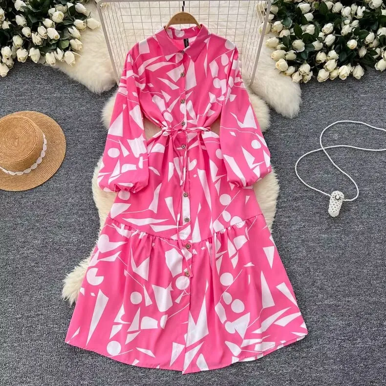 Robe chemise à lacets imprimée à manches longues pour femmes, col rabattu, simple boutonnage, Maxi, nouvelle mode printemps 2025