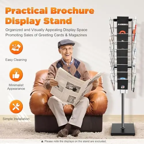 360° Rotating Brochure Display Stand with 36 Pockets, 130lbs Capacity Floor Mounted Magazine Rack for Retail Store/Gift