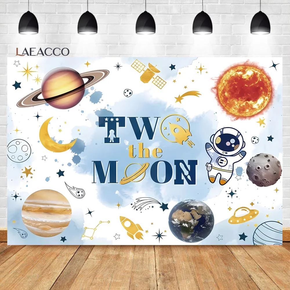 

Laeacco Two The Moon Backdrop Blue And Pink Outer Space Rocket Planet Galaxy Kids Girl Birthday Portrait Photography Background