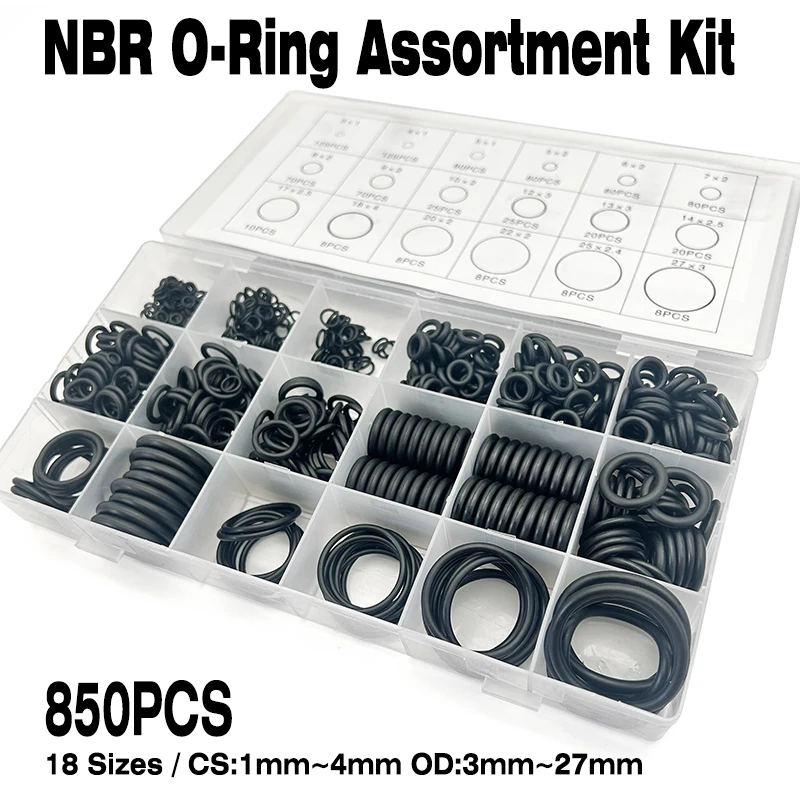 850 قطعة CS: 1 مللي متر ~ 4 مللي متر OD: 3 مللي متر ~ 27 مللي متر يا خاتم مجموعة ختم الأربطة المطاطية النتريل طقم تصليح الضغط العالي ختم شريط مرن O حلقات مطاطية