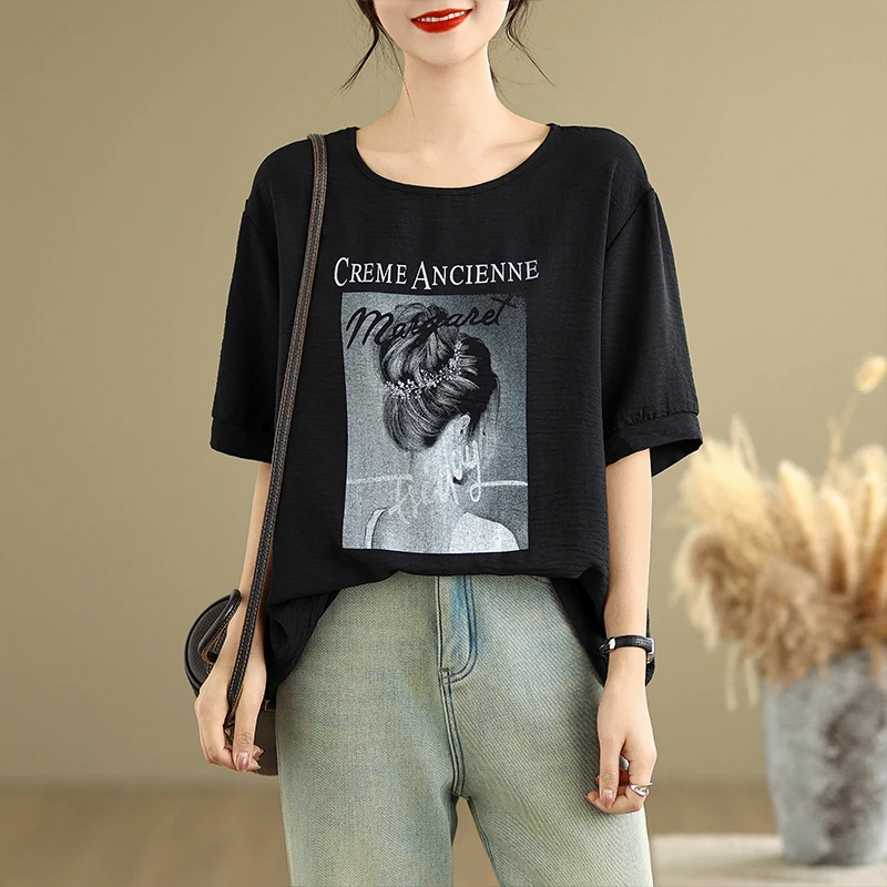 여름 캐주얼 루즈 라운드 넥 티셔츠 플러스 사이즈 컬러 코튼 프린트 여성용 편안한 통기성 캐주얼 티셔츠