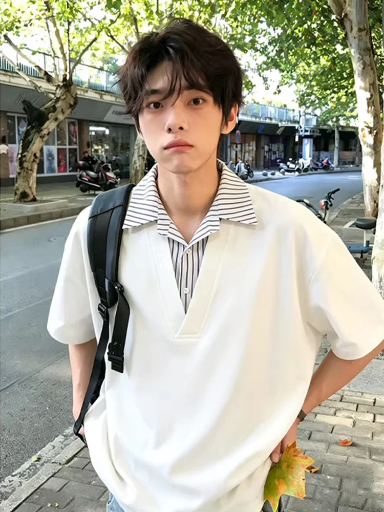 White Casual Short Sleeve  Shirt Men's Summer Teenage Half Sleeve T-Shirt Anti-Wrinkle Treatment Straight Cut Fashionable