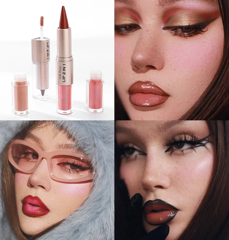 Preto marrom cônico lábio forro contorno lápis cabeça dupla espelho plumping lábio esmalte cristal brilho sexy lábios vermelhos matiz maquiagem novo