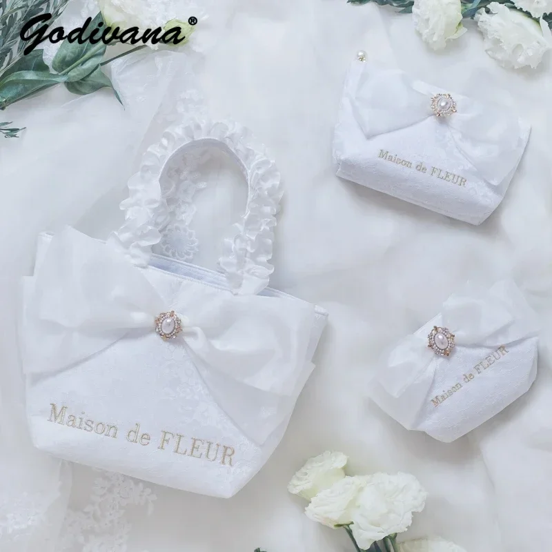 Japanese Style Wedding Dress Series Handbag Bridesmaid Gift Makeup Bag White Lace Storage Portable Women's Cosmetic Bags