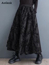 Black Vintage Floral High Waist Patchwork Skirt Women New Loose Casual Midi Skirts Fashion Elegant Clothing Spring Autumn 2025