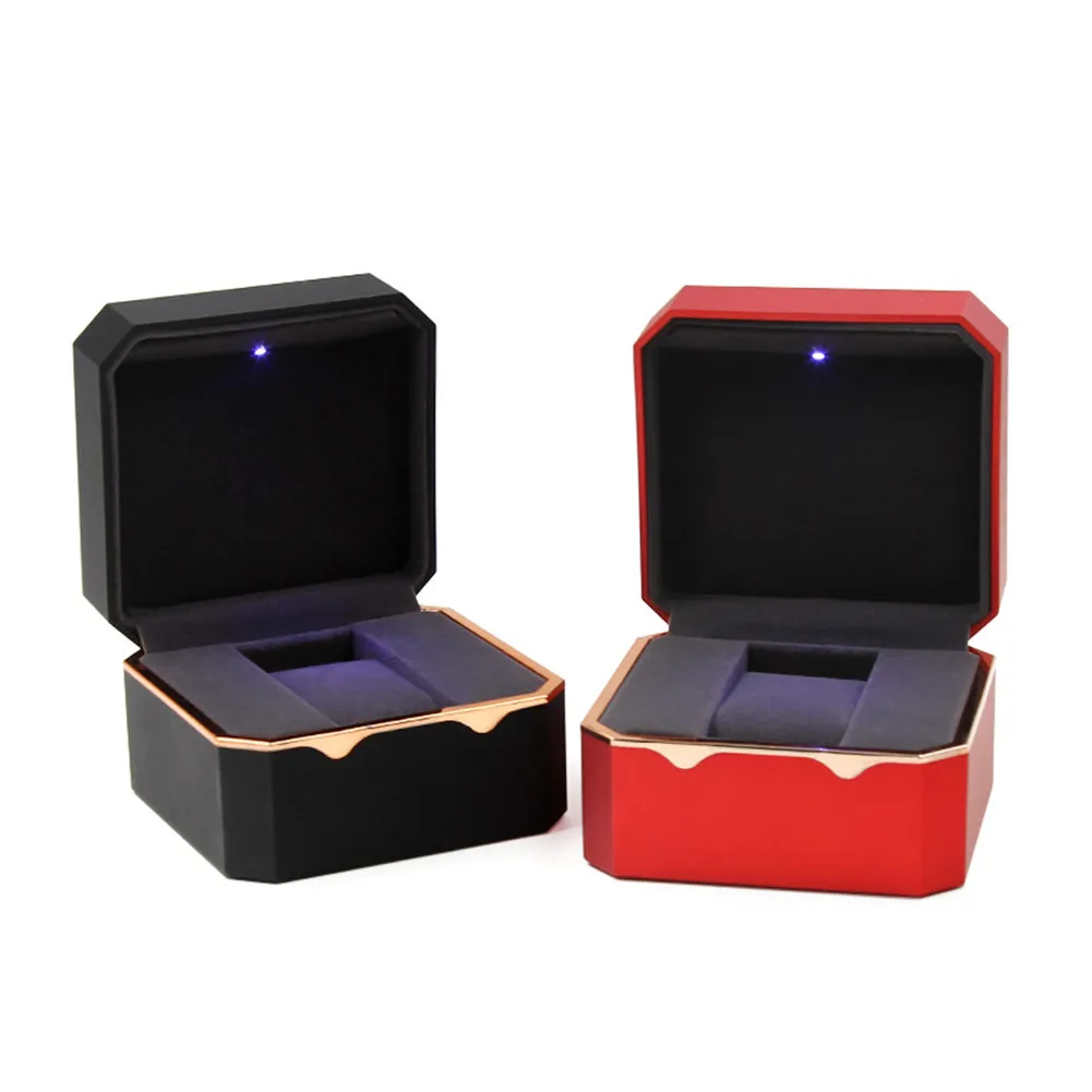 Flannel Octagon Luxury Watch Case w/LED Light Anti-dust Single Slot Watch Jewelry Display Storage Organizer Gift Box Black Red