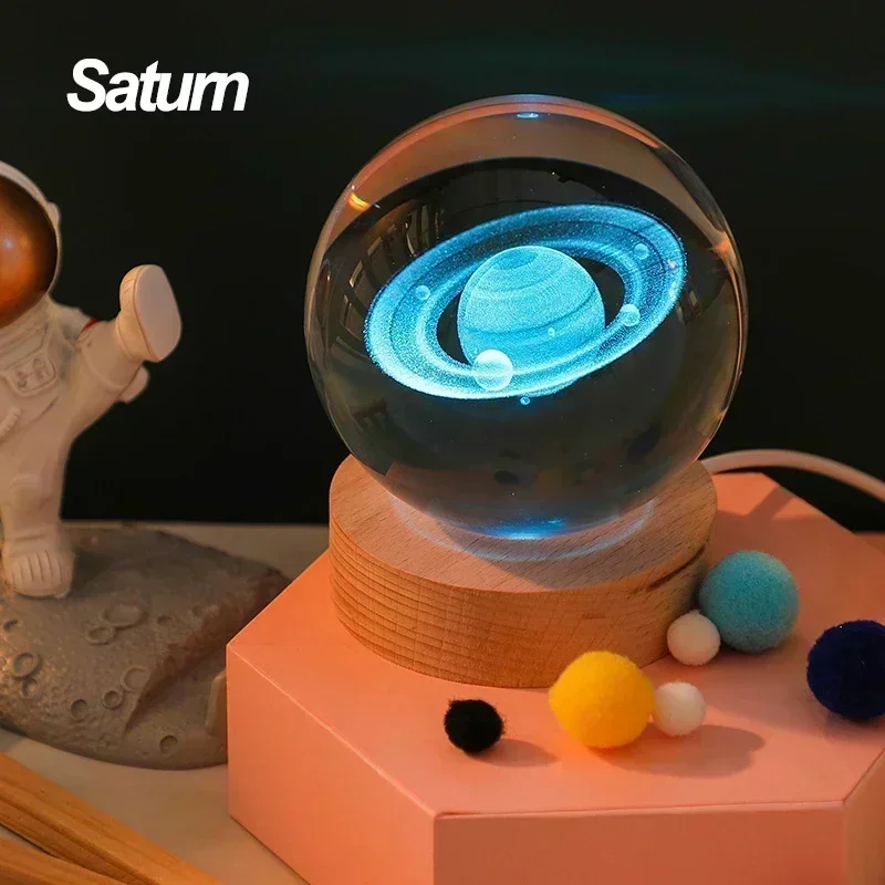 7colors Change Saturn 3D Crystal Ball Lights Lamp Galaxy Moon RGBColor Change Bedside Sleeping Light Home Decor Christmas Gift
