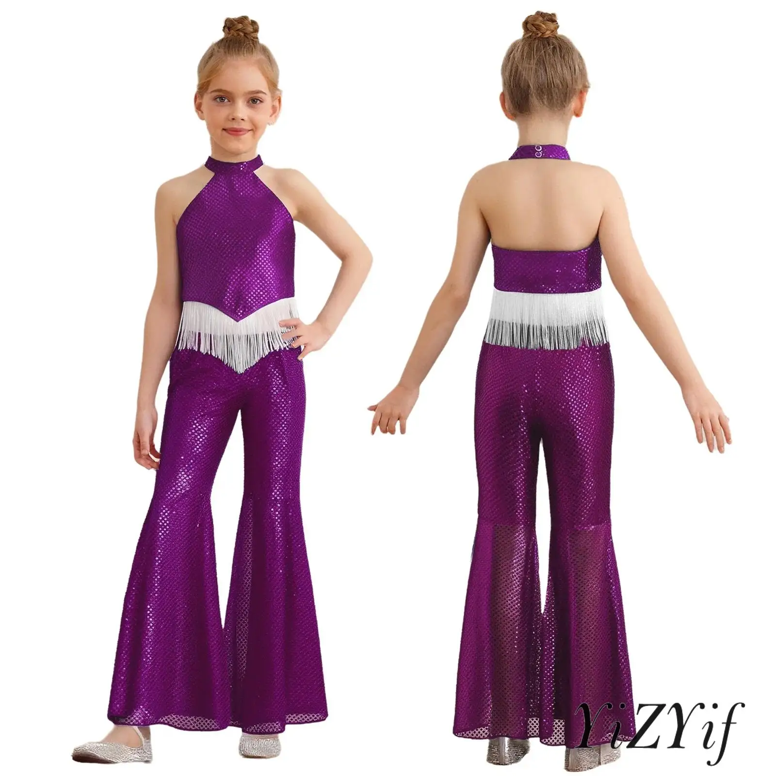 

Kids Girls Jazz Latin Dance Stage Performance Outfits Sparkling Sequins Halter Sleeveless Backless Crop Top with Pants Dancewear