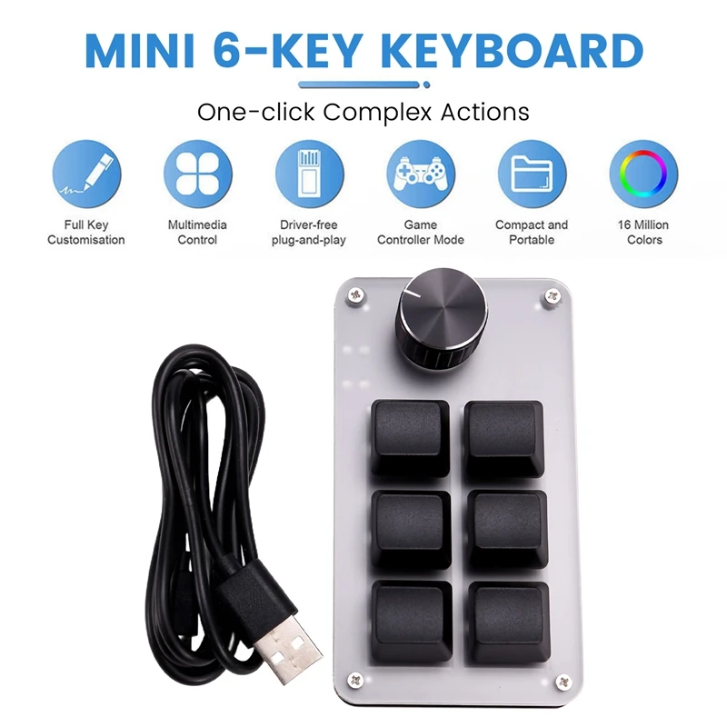 AA01-6 Key 1 Knob Copy Paste Mini Button Wired RGB Mini Mechanical Keyboard For Gamers/Designers/Video Editor