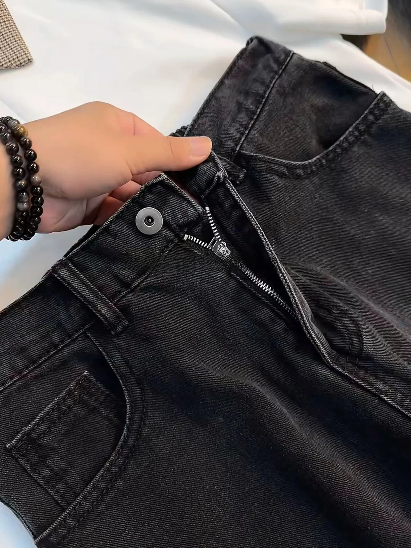 American Vibe Men's High Street Washed Denim Jeans Patchwork Straight Leg Pants CleanFit Casual Youth Summer Jeans