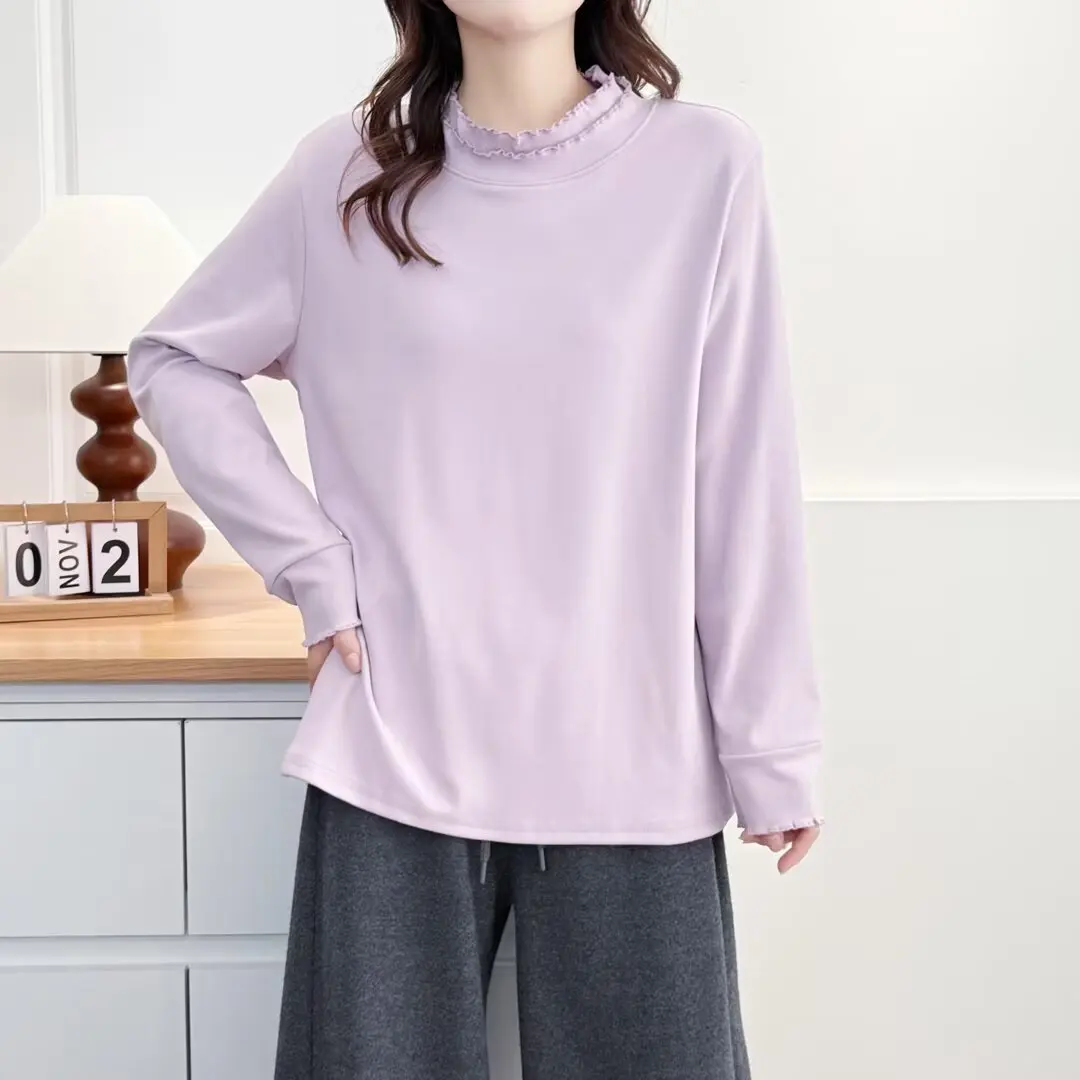 XXXXL موضة حجم كبير تي شيرت المرأة الخريف الشتاء أنيق مزدوج تكدرت طوق كم طويل دي المخملية الدافئة قاعدة القمم 2587 #4