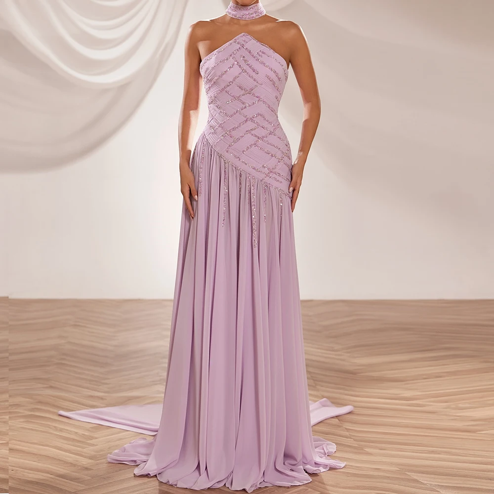 Customized A-line Evening Dresses Floor-length Strapless Sleeveless Prom Gown Fashion Sequined Pleat Simple Draped Party Gown image 2
