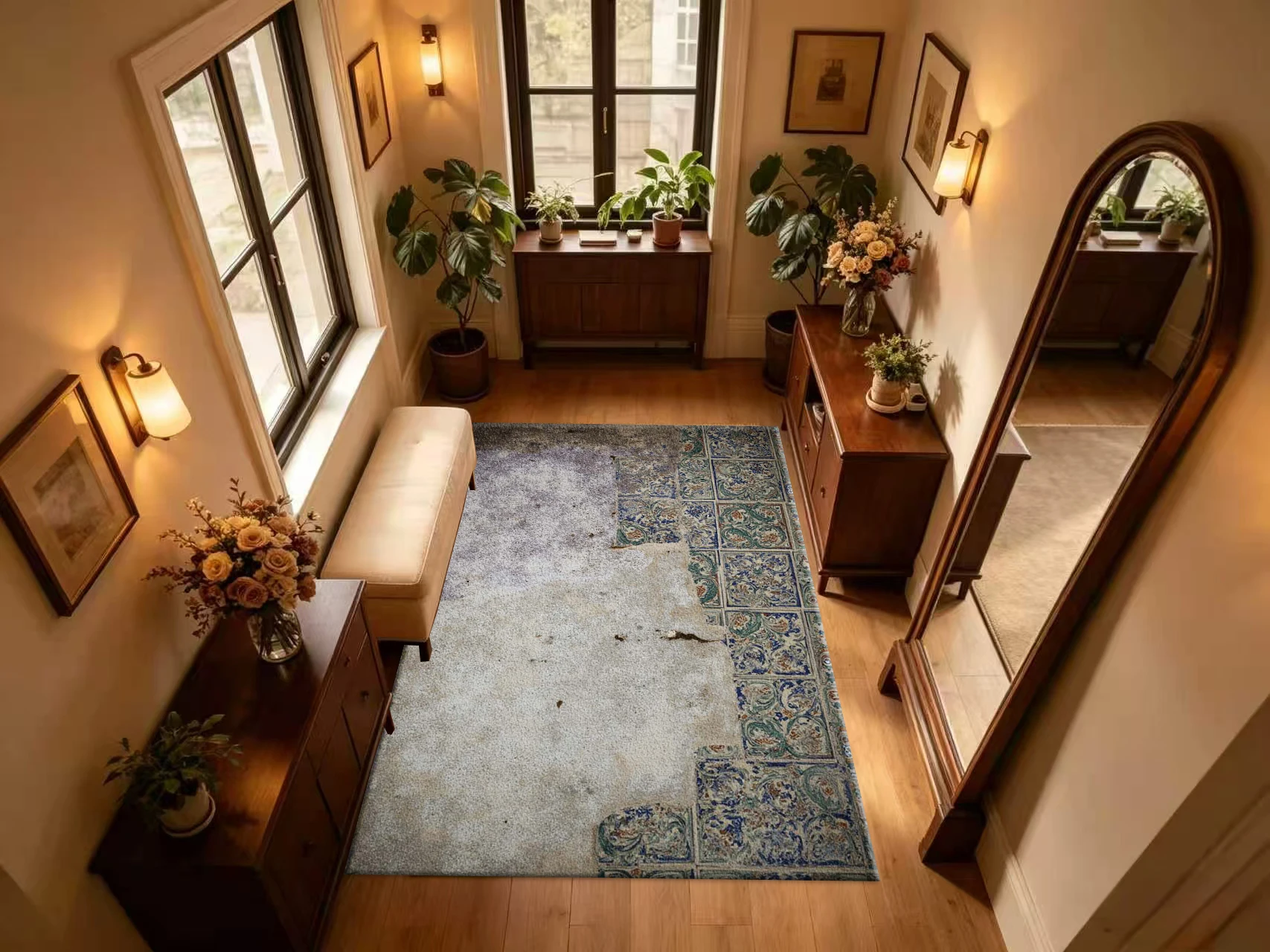 Vintage Worn Ceramic Tile Carpet Flooring Antique Distressed Mosaic Pattern Floor Rug Retro Home Office Decor Mat