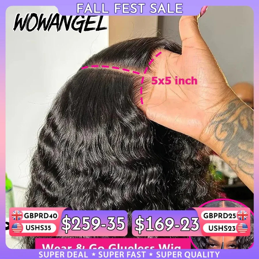 WOWANGEL 34 Zoll 250% Water Wave 5x5 HD Lace Closure Perücken, vorgezupfte, lockige, kleberlose Perücke, sofort tragbare Echthaarperücken für Frauen