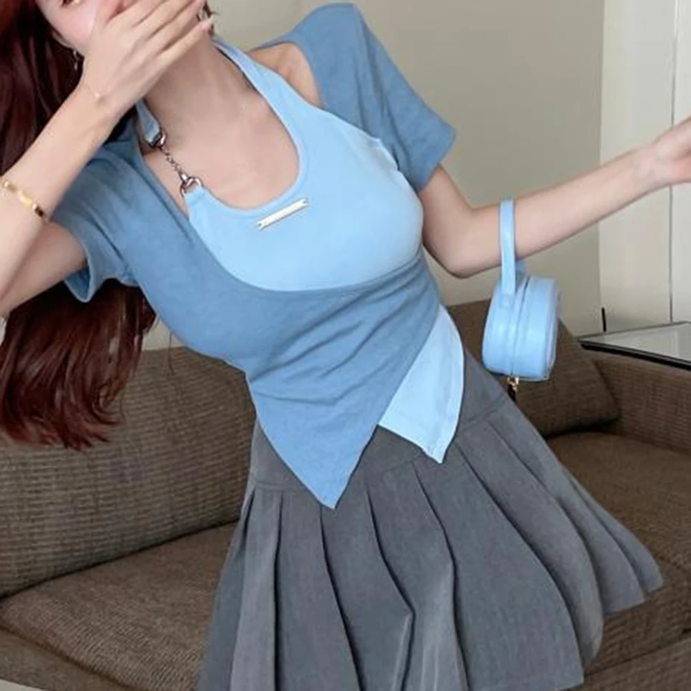 

Casual Summer Wear Halter Neck Top Daily Casual Style 2XL Contrasting Colors T-shirt Casual Slightly Elastic Solid Pattern