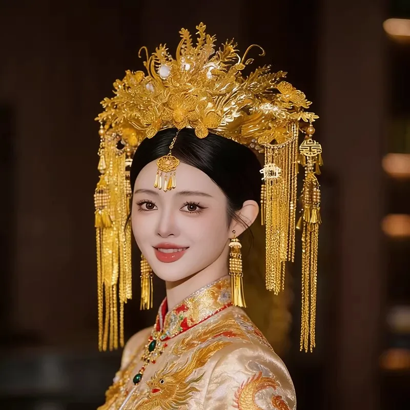 High-end Dragon and Phoenix Hair Crown Xiuhe Hanfu Wedding Dress Golden Complete  Luxurious Headpiece Accessories