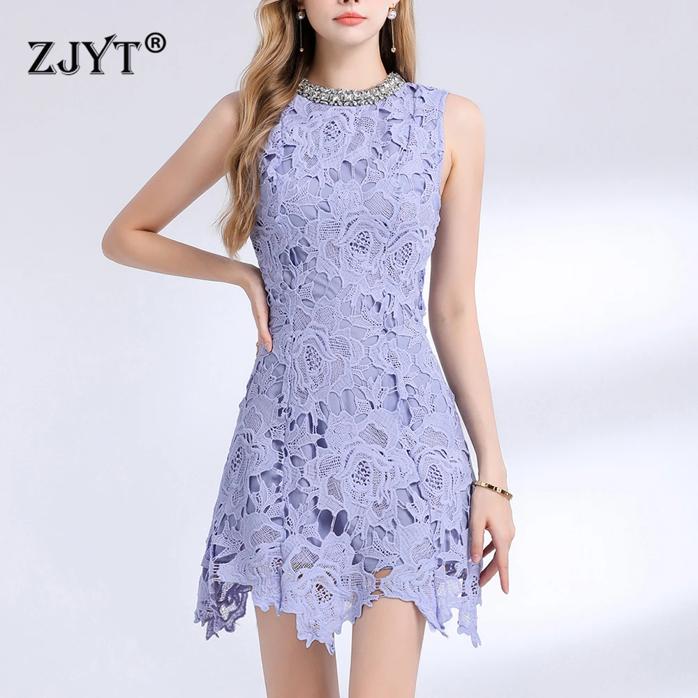 

ZJYT Runway 2025 Summer Diamonds Crochet Lace Dress Women Fashion Sleeveless Luxury Mini Party Holiday Dresses Female Vestidos