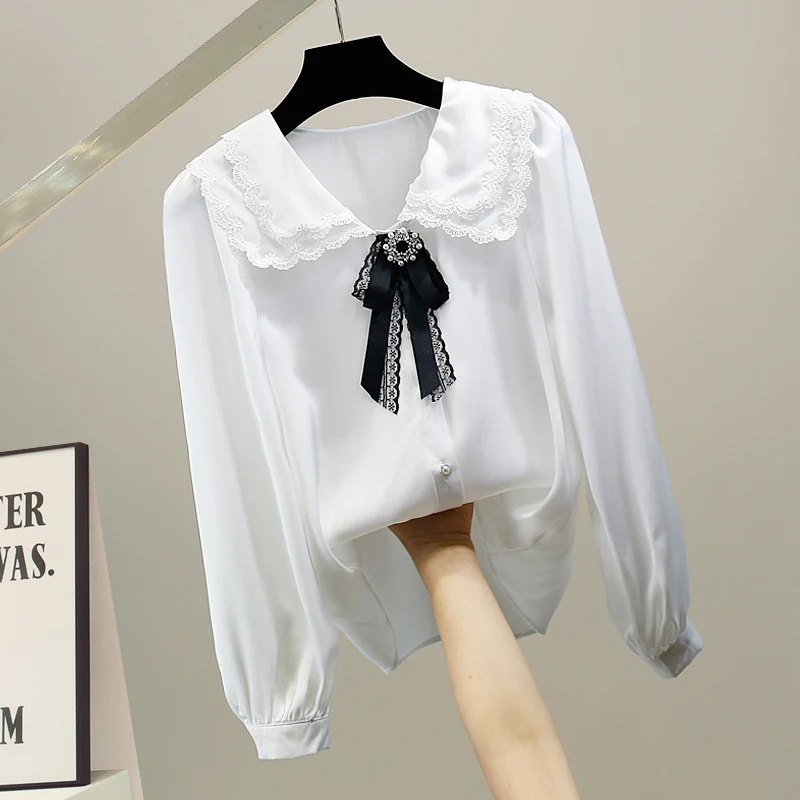 

Модная шелковая блузка с V-образным вырезом, двойным воротником-стойкой, кружевной отделкой, узловой застежкой и пуговицами, приталенного кроя, в корейском стиле