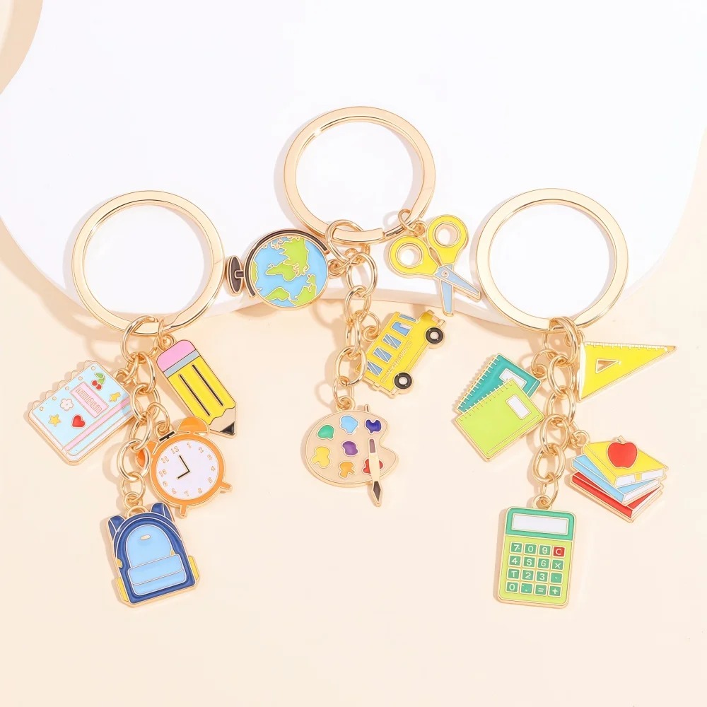 Creative Enamel Globe Palette Ruler Book Keychain Gold Key Ring Teacher Day Graduation Gift Cute Schoolbag Charm Accessories