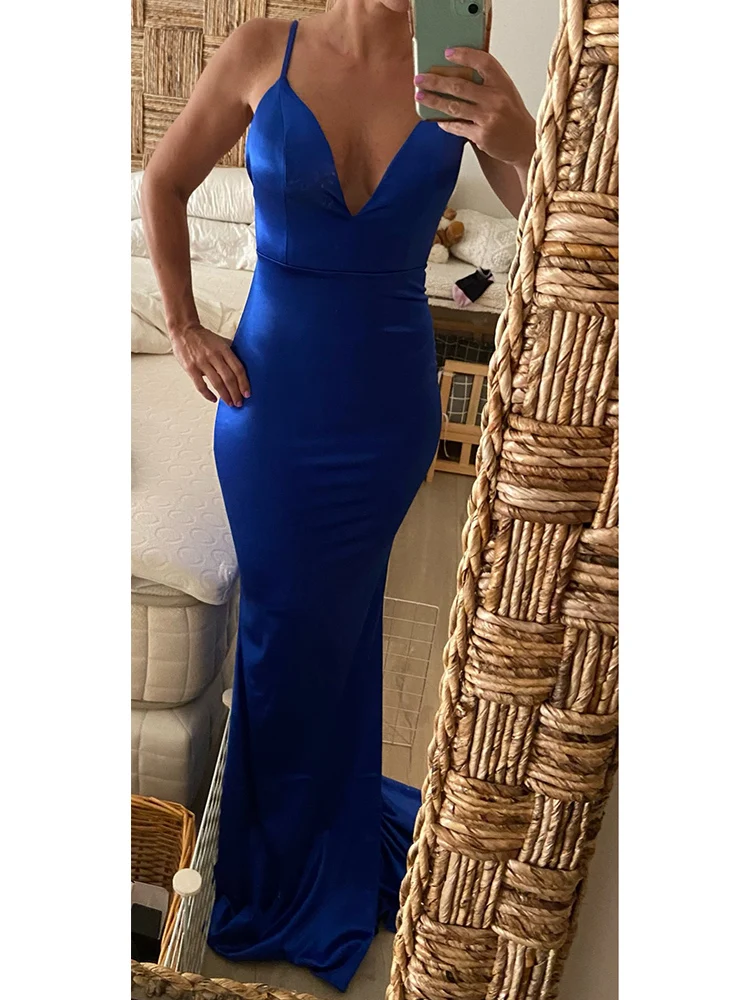 Deep V Neck Backless Sexy Evening Gown Straps Padded Stretch Satin Long Train Wedding Party Elegant Celebrity Dress 2024 Summer