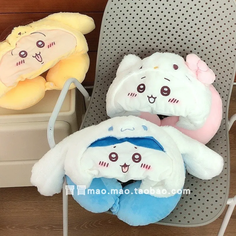 

Плюшевая кукла Sanrio Chiikawa Cinnamoroll Hello Kitty Pom Pom Purin Hachiware Toy Usagi Kuromi My Molody Hood U-pillow Kawaii Soft