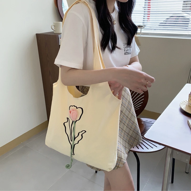 

Canvas Shoulder Bag Tulip Flower Small Fresh Large Capacity Shopping Bag Student Casual Trend All-match Mori Girl Schoolbag New