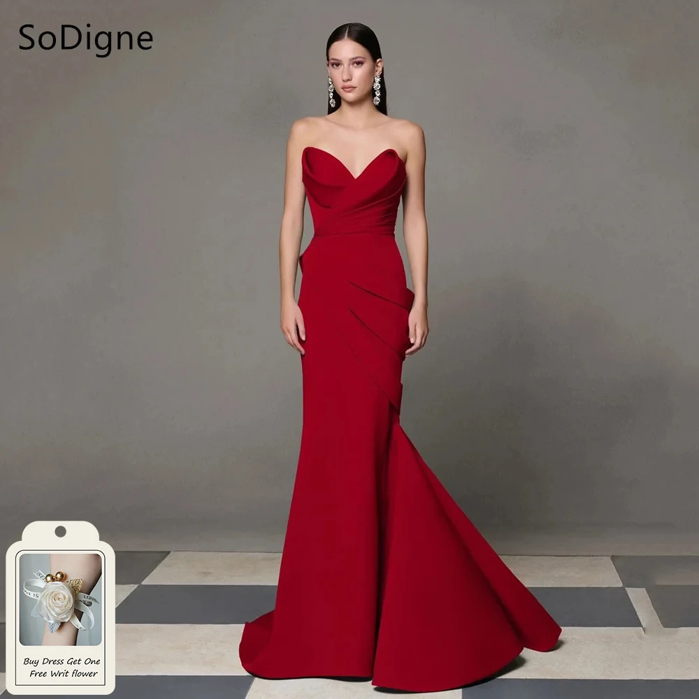 

SoDigne Elegant Red Evening Dresses Strapless Sleeveless Pleats Party Dress Simple Mermaid Floor-Length Prom Gowns Customized