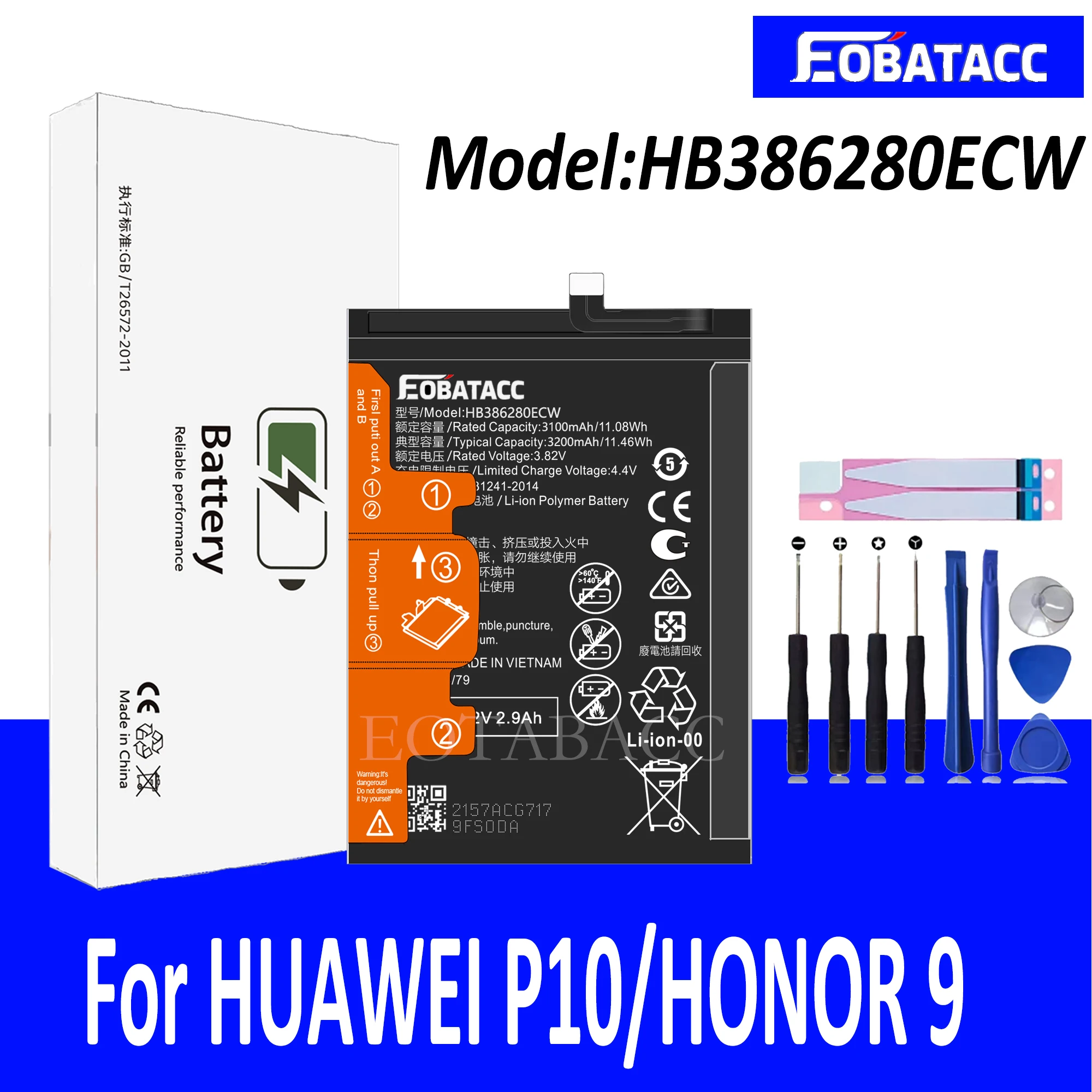 

EOTABACC 100% New Original Battery HB386280ECW For HUAWEI P10/Honor 9 Battery +Tools