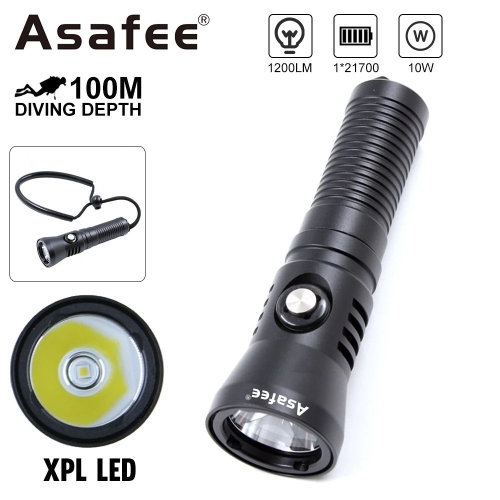 Asafee LED Scuba Diving Flashlight Waterproof Canister Lightweight Torch 100M Underwater Lamp Spotlight Deep Lantern Outdoor