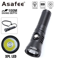 Asafee LED Scuba Diving Flashlight Waterproof Canister Lightweight Torch 100M Underwater Lamp Spotlight Deep Lantern Outdoor