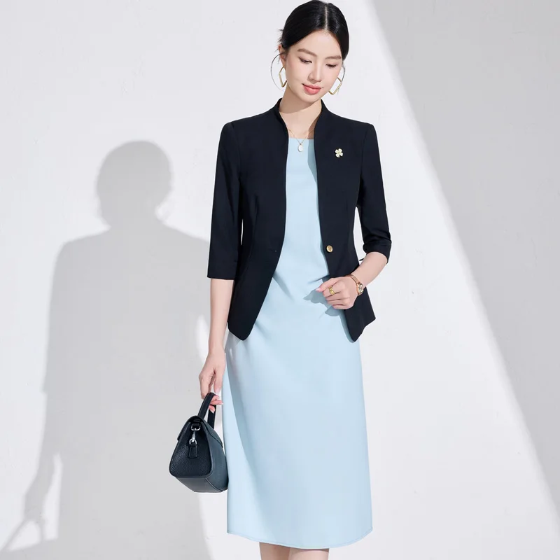 NAVIU 2025 nuevo para mujer elegante traje de desplazamiento moda de oficina Casual media manga delgada chaqueta de un solo botón y vestido Ropa de Trabajo